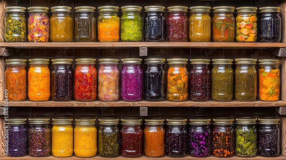 A neatly arranged shelf of jars filled with pickled vegetables in various colors and flavors A neatly arranged shelf of jars filled with pickled vegetables in various colors and flavors