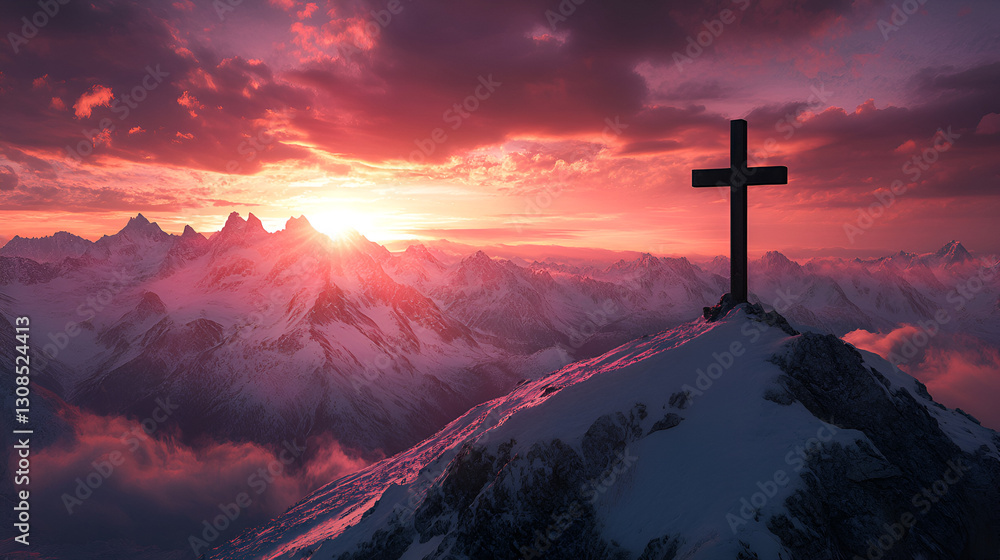 Sunset over mountains with Christian cross, spiritual symbolism, divine light, heavenly scene Sunset over mountains with Christian cross, spiritual symbolism, divine light, heavenly scene