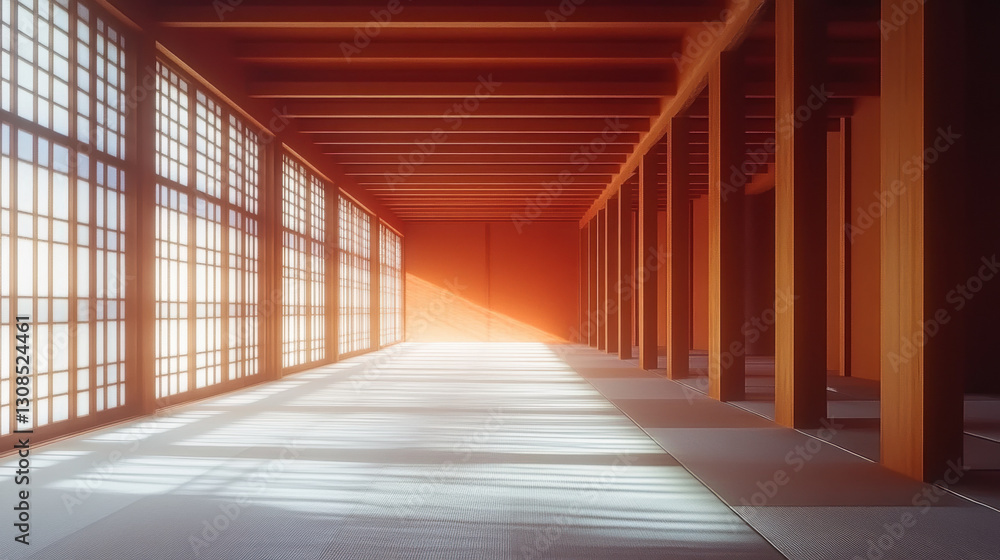 Interior of a Japanese-style hall with sunlight Interior of a Japanese-style hall with sunlight