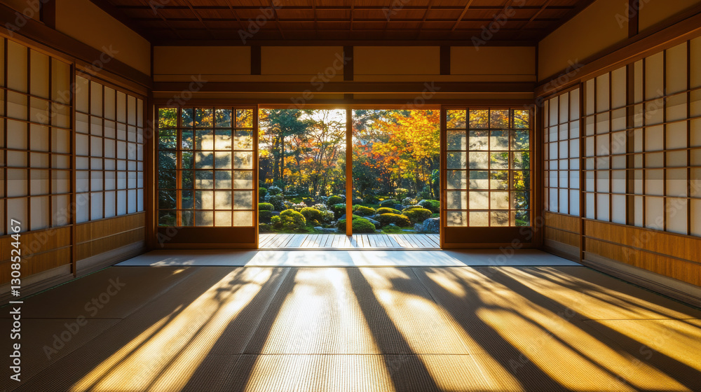 Japanese room overlooking a garden in autumn with sunlight streaming in. Japanese room overlooking a garden in autumn with sunlight streaming in.