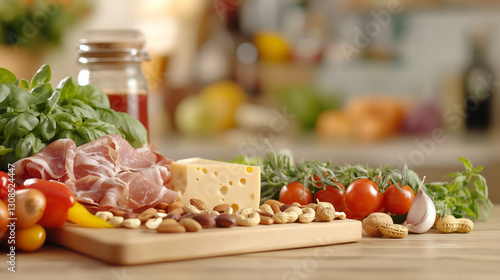 Culinary Delight: Fresh ingredients, including basil, tomatoes, nuts and cheese, and a variety of other foods, artfully arranged on a wooden board, inviting a sense of freshness, health.