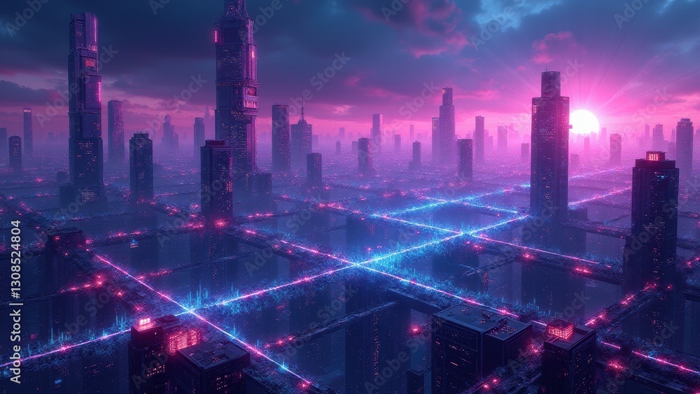 Fototapeta premium Virtual thinking systems, Neon-lit cityscape with interconnected consciousness neural pathways and holographic thought processes glowing data vibr