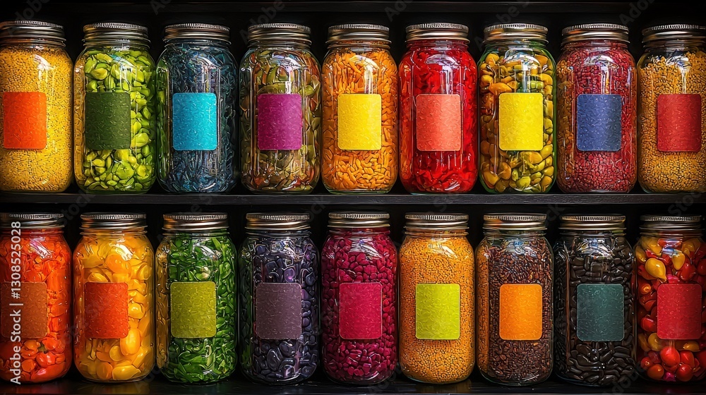 Well-organized shelf filled with various jars of food preserves and ingredients for culinary use Well-organized shelf filled with various jars of food preserves and ingredients for culinary use
