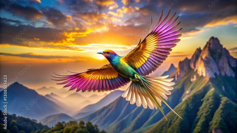 Obraz premium A vibrant, multicolored bird in majestic flight soars above a breathtaking panorama of rolling hills and mountains bathed in the golden hues of a stunning sunset