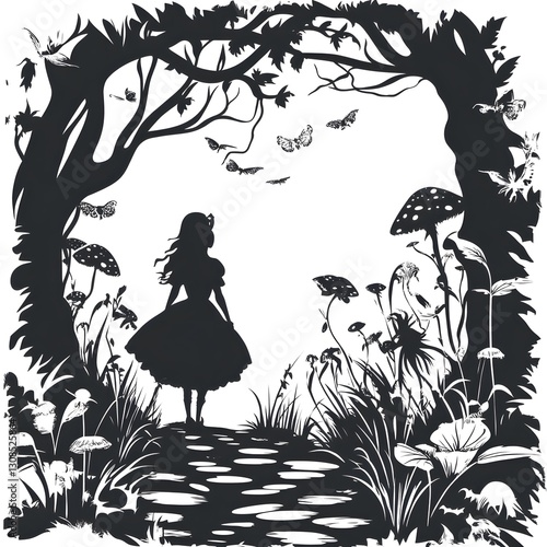 A alice in wonderland vector stencil design, black on white laser engraving	
