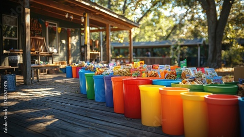 Wallpaper Mural A brightly colored table displaying a variety of colorful buckets perfect for home organization Torontodigital.ca