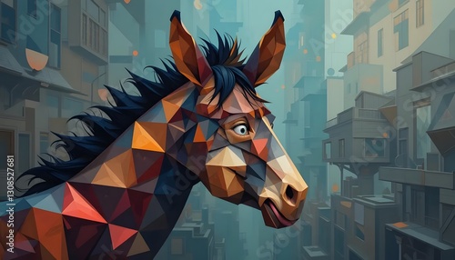 Geometric Donkey Head in Urban Setting, Modern Art Concept Design