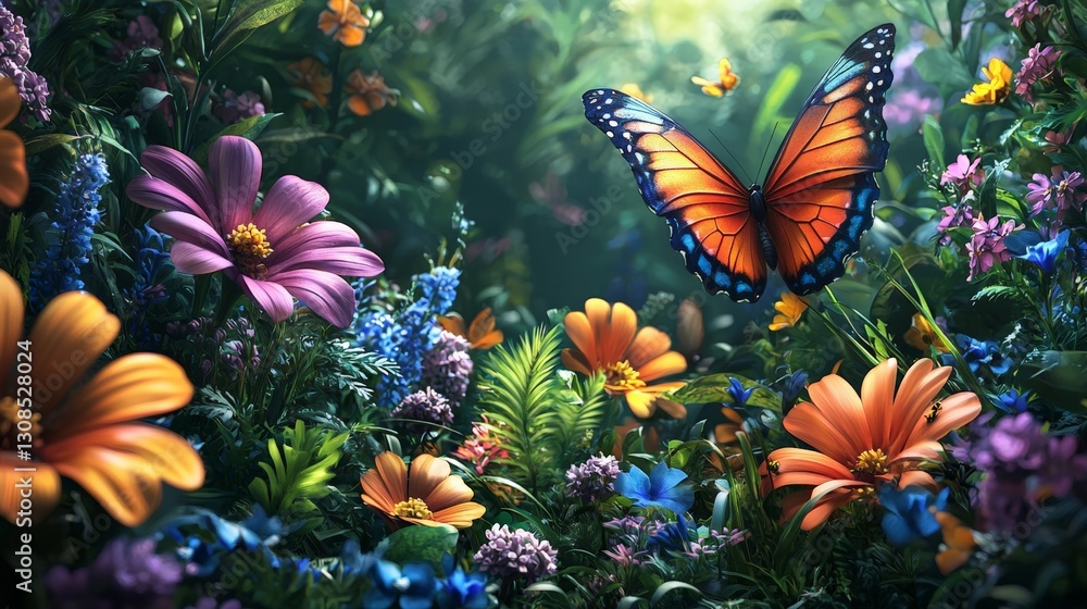 A vibrant butterfly with orange and black wings resting on blooming flowers in a lush green garden. Sunlight filters through the leaves, creating a magical and serene atmosphere.
A vibrant butterfly with orange and black wings resting on blooming flowers in a lush green garden. Sunlight filters through the leaves, creating a magical and serene atmosphere.
