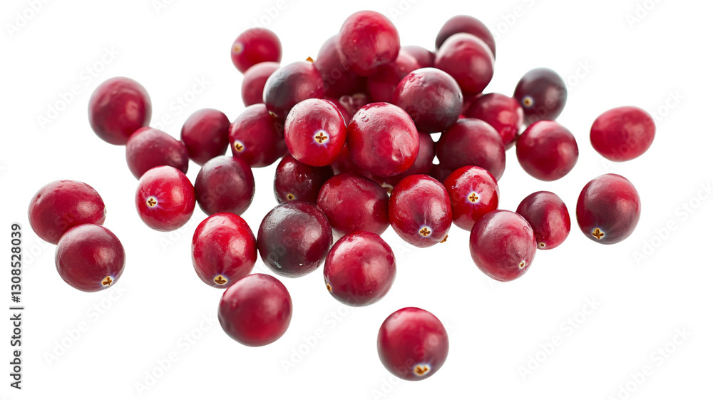 Ripe cranberries falling on transparent background