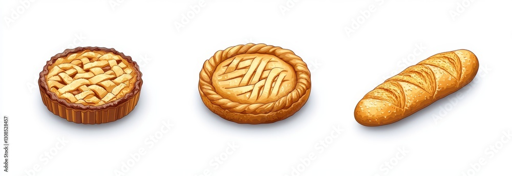 Three different desserts are displayed: a circular apple pie with a lattice crust and apple slices, a rectangular eclair filled with cream, and a square tiramisu with layers, topped with cocoa powder Three different desserts are displayed: a circular apple pie with a lattice crust and apple slices, a rectangular eclair filled with cream, and a square tiramisu with layers, topped with cocoa powder
