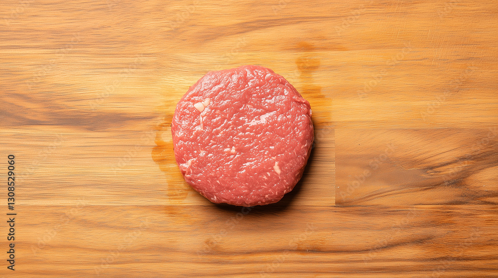 Fresh Raw Beef Patty: A single raw beef patty, a perfect circle of fresh, red meat, sits prominently on a rustic wooden cutting board, offering a culinary promise. Fresh Raw Beef Patty: A single raw beef patty, a perfect circle of fresh, red meat, sits prominently on a rustic wooden cutting board, offering a culinary promise.