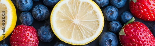 Fresh Fruit Medley: A vibrant composition of ripe strawberries, juicy blueberries, and zesty lemon slices, creating a visual symphony of colors and textures.