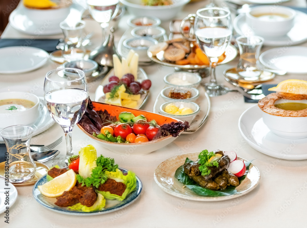 Ramadan table preparation. A delicious table with stuffed vine leaves, raw meatballs and various appetizers specific to Turkish culture.Turkey. Ramadan table preparation. A delicious table with stuffed vine leaves, raw meatballs and various appetizers specific to Turkish culture.Turkey.