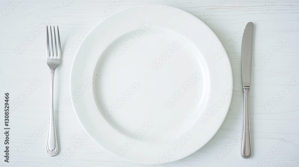 Minimalist Dining: An empty plate with a fork and knife arranged on a surface Minimalist Dining: An empty plate with a fork and knife arranged on a surface
