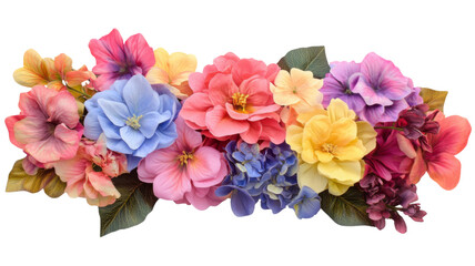 Colorful flower arrangement creating a vibrant floral border on transparent background