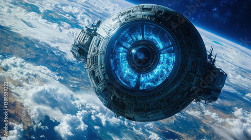 Fototapeta Naklejka Na Ścianę i Meble -  Futuristic Space Station Orbiting Earth with Blue Energy Core