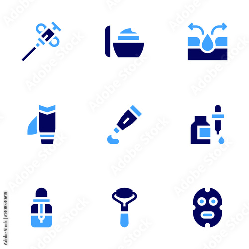Skincare icon set. Bold style. Duotone colors. pores, face roller, cream, skincare, nail, skin care, serum, biopsy
