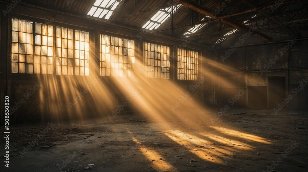 Sunbeams illuminate dust motes in a derelict industrial building's large windows and high ceiling. Sunbeams illuminate dust motes in a derelict industrial building's large windows and high ceiling.