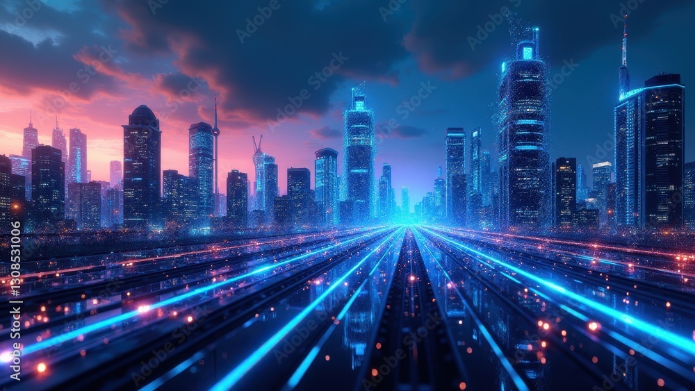 Wireless network nodes, A futuristic city glowing with vibrant wireless nodes beneath a twilight sky. Rendered with high detail. Wireless network nodes, A futuristic city glowing with vibrant wireless nodes beneath a twilight sky. Rendered with high detail.