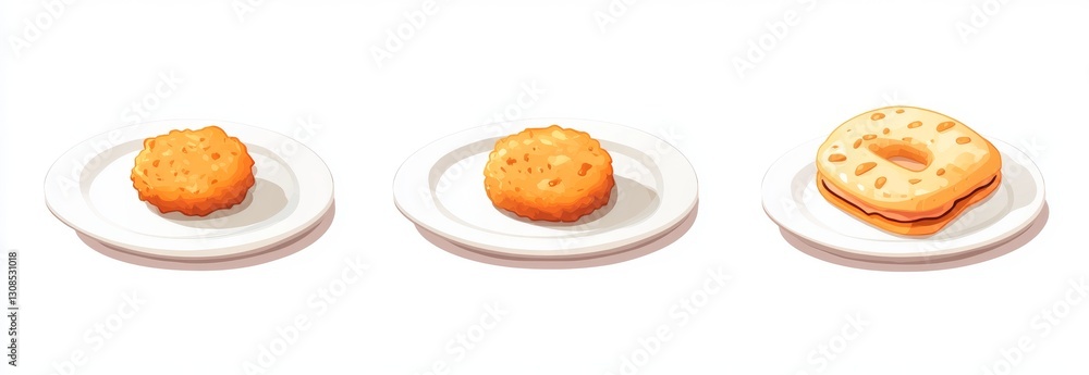 Three food icons appear: golden nuggets on a green plate, onion rings on a purple plate, and a grilled sandwich with lettuce and tomato Three food icons appear: golden nuggets on a green plate, onion rings on a purple plate, and a grilled sandwich with lettuce and tomato