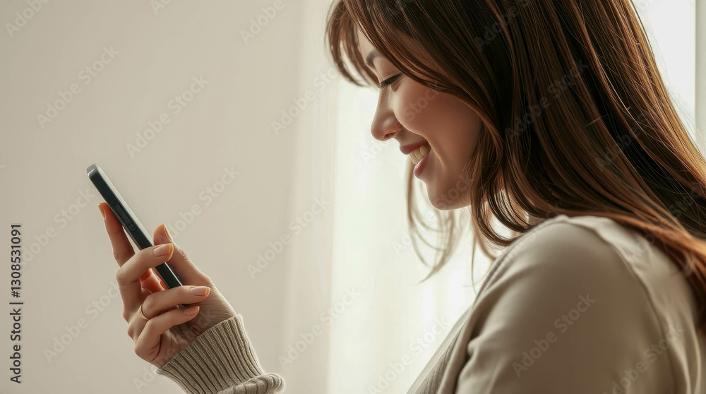 A young girl looks at the smartphone screen with a smile. She is dressed in a light blouse, and her long hair falls beautifully on her shoulders. The background is minimalistic. A young girl looks at the smartphone screen with a smile. She is dressed in a light blouse, and her long hair falls beautifully on her shoulders. The background is minimalistic.