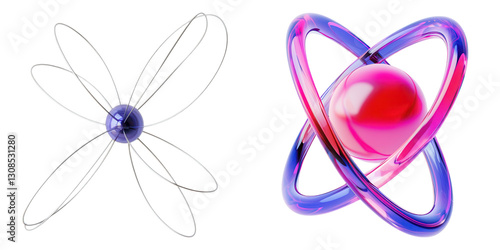 Young scientist with a futuristic concept, Holographic atom model with moving electrons, showcasing atomic structure