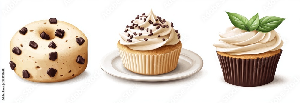 There are three food items on display: a chocolate chip muffin, a cream-filled cannoli, and a pasta dish with sauce and basil There are three food items on display: a chocolate chip muffin, a cream-filled cannoli, and a pasta dish with sauce and basil