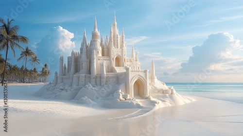 A stunning and intricate sandcastle standing on a beautiful beach under a bright blue sky. The fairytale-like structure creates a dreamy and magical seaside atmosphere.  
