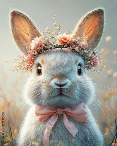 Adorable bunny with floral crown, cute bunny portrait with flower wreath, perfect for spring and Easter themes. Cute animal photography, Easter-themed illustrations. Floral crown bunny