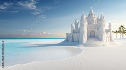 A magnificent white sandcastle standing on a pristine beach with a calm ocean and a clear blue sky. The scene evokes a dreamy, fairytale-like atmosphere of peace and wonder.  
