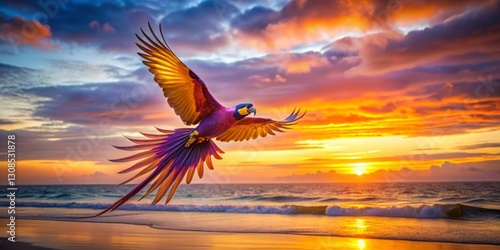 Vibrant parrot in majestic flight over ocean waves at sunset, a spectacle of color and freedom.