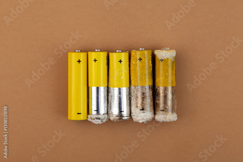 Fotografie Old used batteries with varying degrees of deterioration and damage