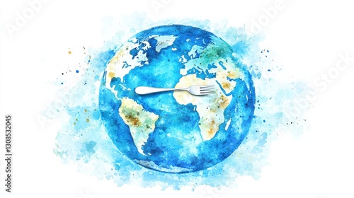 Unique conceptual image featuring a fork resting on a globe symbolizing global cuisine exploration