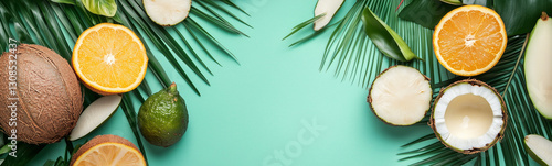 Tropical Fruit Spread: Fresh, vibrant assortment of tropical fruits arranged amidst lush green leaves, creating a colorful and inviting display.