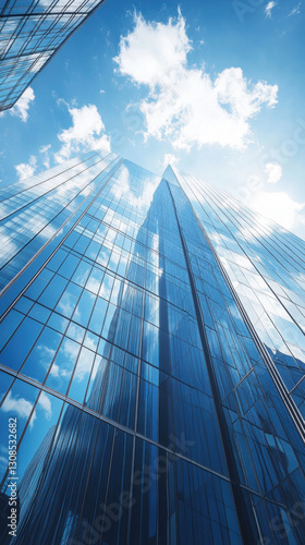 Skyscraper reflecting blue sky and clouds