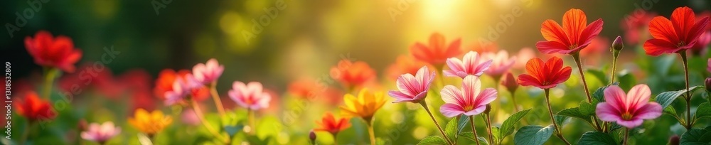 Fototapeta premium Sunlit lobelia flowers in a lush summer garden, ample copy space, copy space, foliage