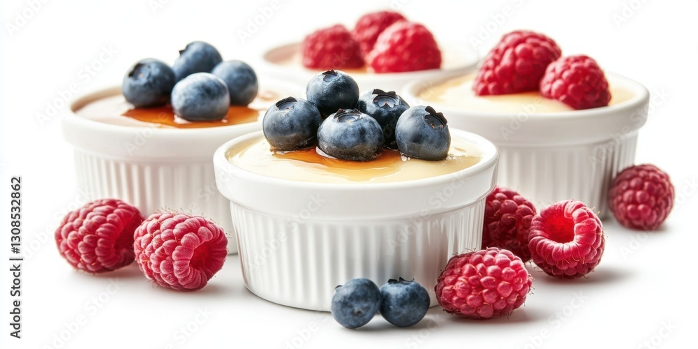 Delicious creme brulee with fresh blueberries and raspberries topping Delicious creme brulee with fresh blueberries and raspberries topping