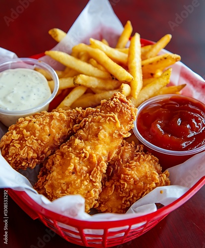 Delicious crispy fried chicken tenders with golden French fries and dipping sauces in a restaurant basket