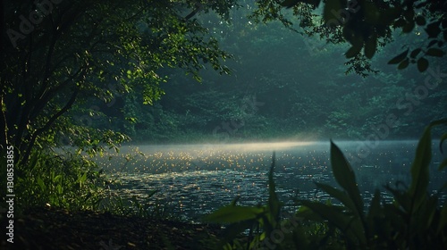 Misty morning sunlight on calm lake, lush green forest foliage.