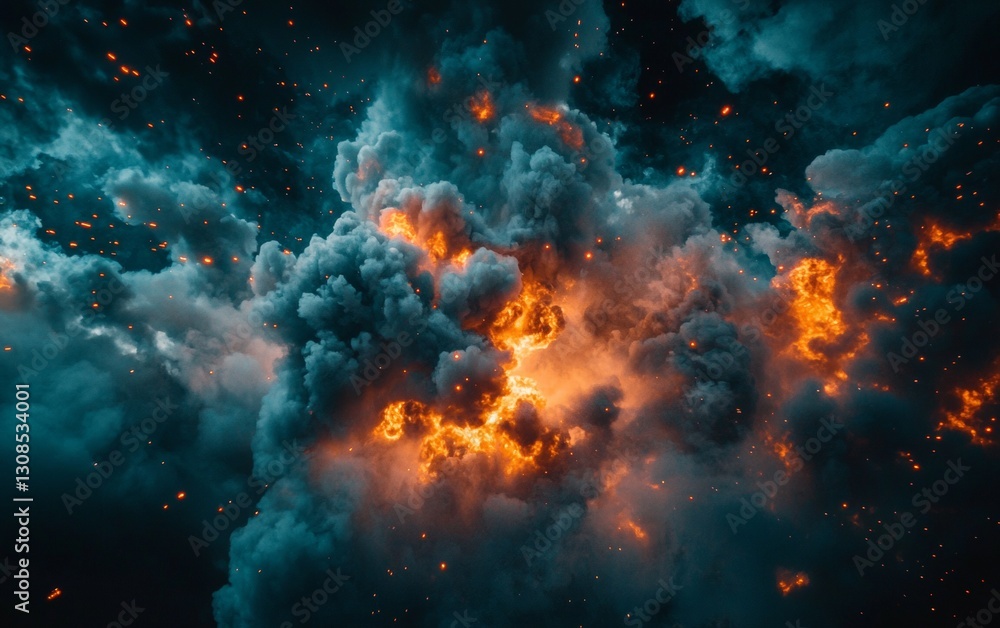 Dramatic explosion fills the night sky with vibrant orange and blue smoke, reflecting a powerful energy and intensity of the event Dramatic explosion fills the night sky with vibrant orange and blue smoke, reflecting a powerful energy and intensity of the event