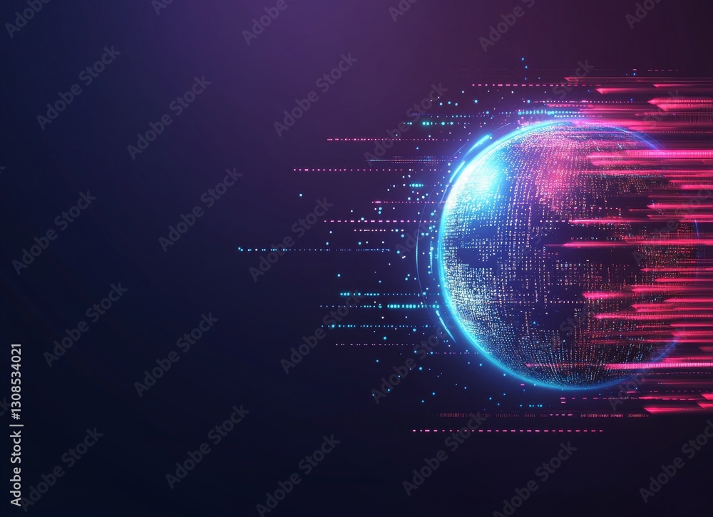 Obraz premium Double exposure artwork: a luminous sphere encircled by dynamic lines and dots, symbolizing global data flow and digital networks. Vibrant abstract design