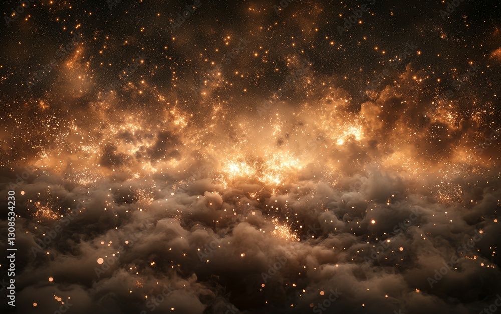 Majestic cosmic explosion illuminated by fiery hues above dark swirling clouds Majestic cosmic explosion illuminated by fiery hues above dark swirling clouds
