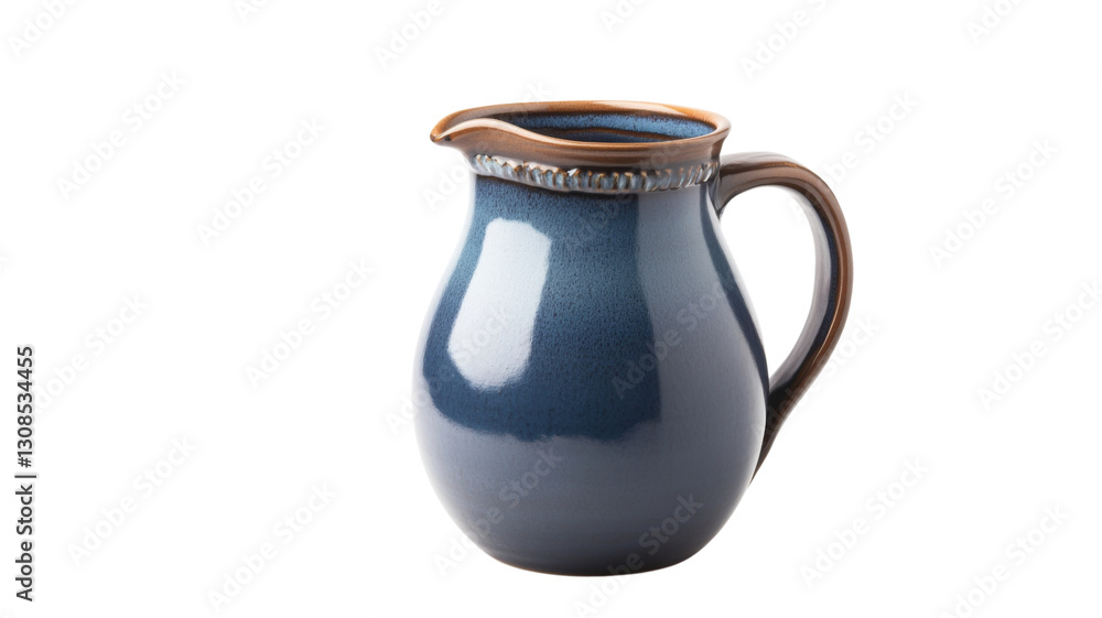 Blue ceramic jug with brown handle and rim on transparent background Blue ceramic jug with brown handle and rim on transparent background