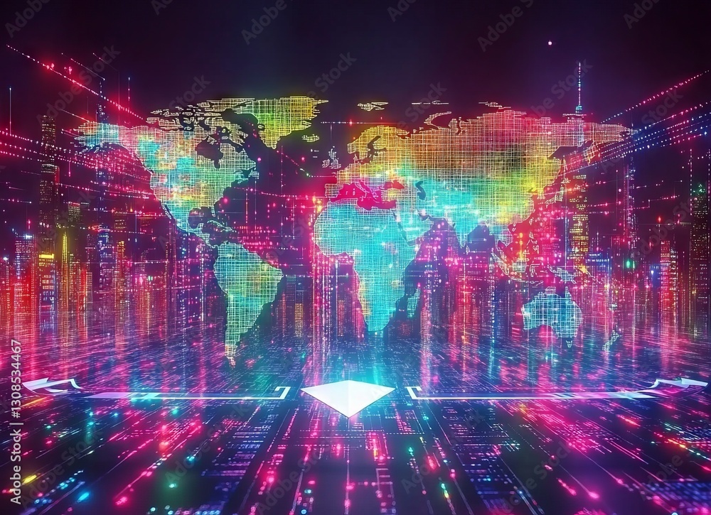 Fototapeta premium Against a dark backdrop, a double exposure of a world map showcases a futuristic design with vibrant neon lights and glowing lines, forming a dynamic and abstract pattern