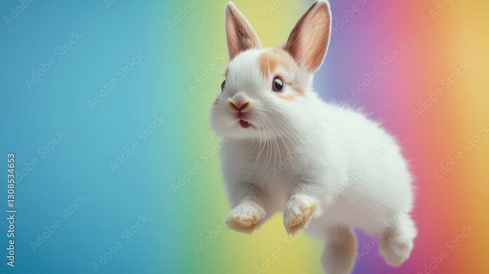 Obraz premium Playful white rabbit leaping against a colorful background animal photography vibrant environment close-up perspective
