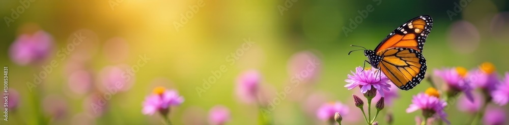 Fototapeta premium Monarch butterfly on vibrant purple wildflowers, sunny meadow , butterfly, outdoors