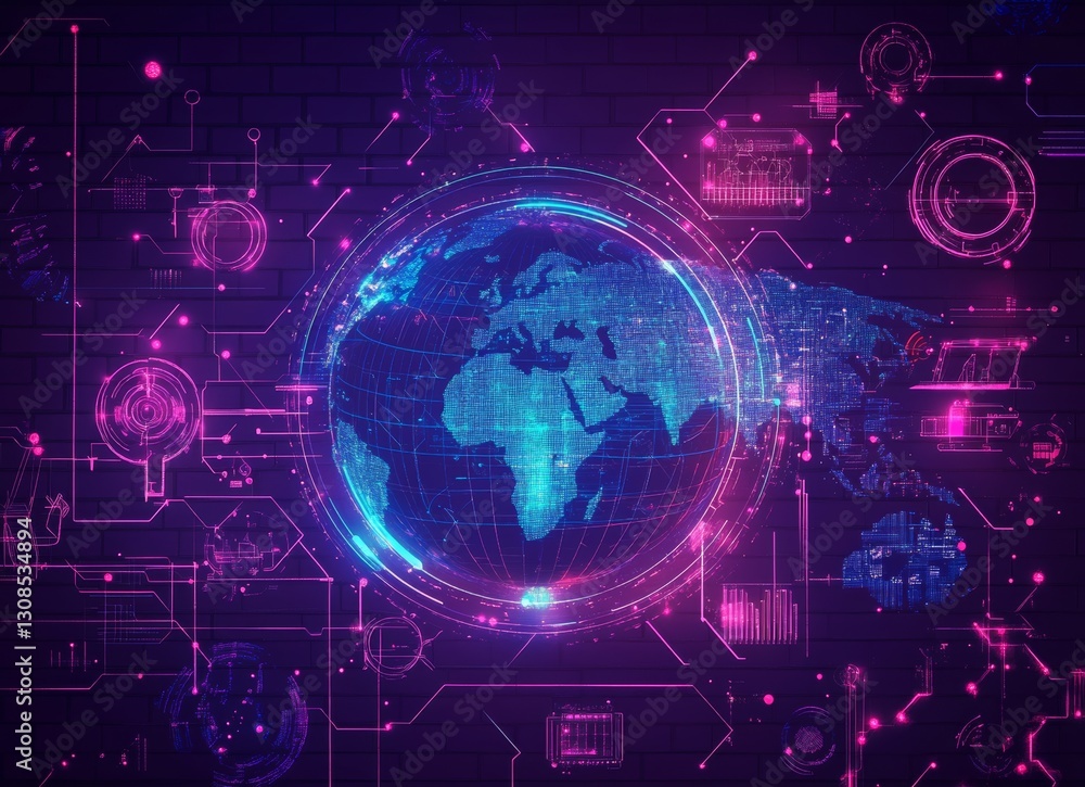 The double exposure image of a glowing globe with vibrant light trails against a dark brick wall conveys a dynamic, futuristic effect, emphasizing energy and motion The double exposure image of a glowing globe with vibrant light trails against a dark brick wall conveys a dynamic, futuristic effect, emphasizing energy and motion