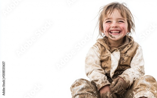 Child plays joyfully in mud with a big smile, embodying carefree moments of childhood outdoors