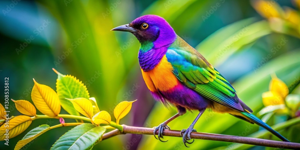 A Vibrant Rainbow Bird Perched on a Lush Green Branch, Displaying its Exquisite Plumage in a Garden Setting A Vibrant Rainbow Bird Perched on a Lush Green Branch, Displaying its Exquisite Plumage in a Garden Setting