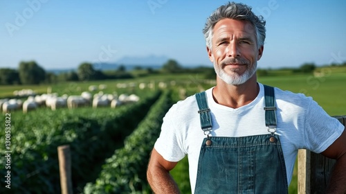 farmer wearing denim overalls enjoys the sunny weather while standing amidst a vibrant green field. Sheep graze peacefully in the distance, showcasing a rural landscape